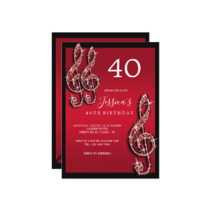 Glitzy Red Music Notes Birthday Invitation