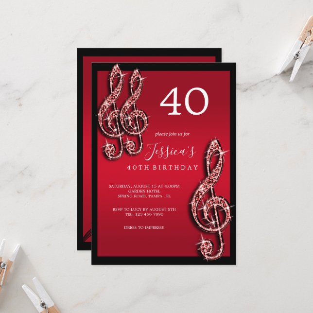 Glitzy Red Music Notes Birthday Invitation (Front/Back In Situ)