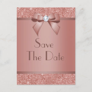 Glitzy Rose Gold Bow & Gem Birthday Party Announcement Postcard