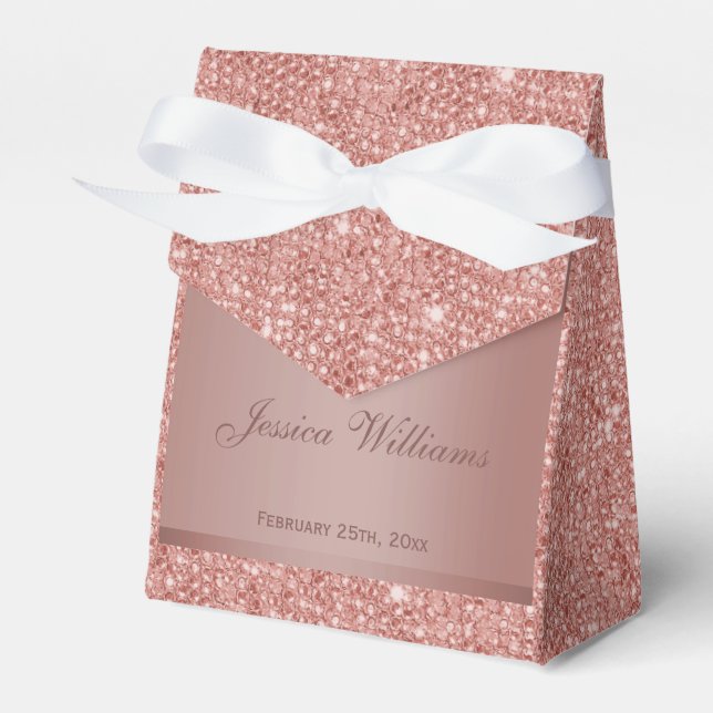Glitzy Rose Gold Bow & Gem Birthday Party Favour Box (Front Side)