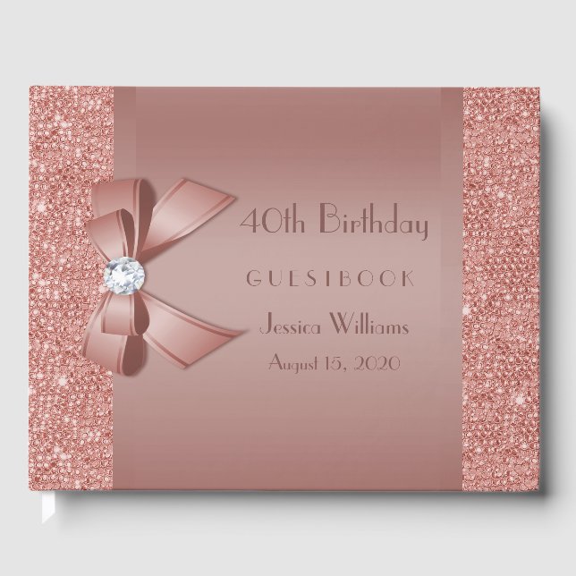 Glitzy Rose Gold Bow & Gem Birthday Party Guest Book (Front)