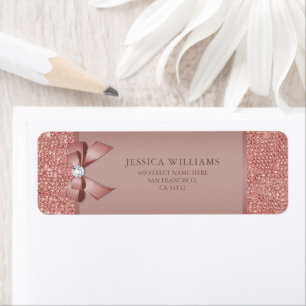 Glitzy Rose Gold Bow & Gem Birthday Party Return Address Label