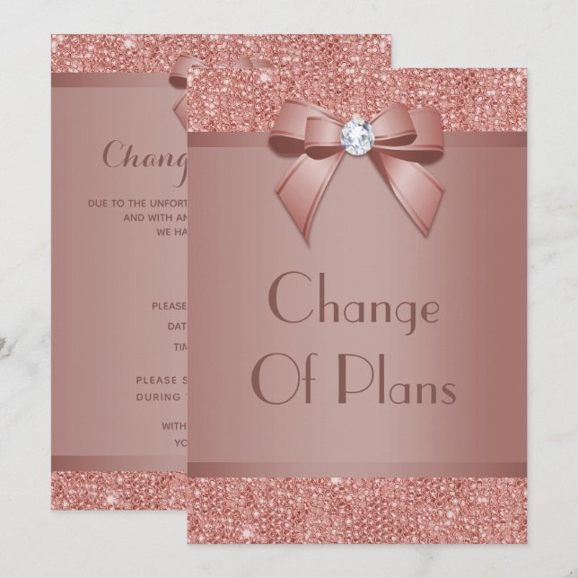 Glitzy Rose Gold Bow & Gem Change Of Plans Invitation (Front/Back)