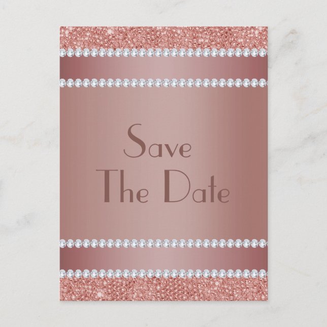 Glitzy Rose Gold & Diamond Gem Birthday Party Announcement Postcard (Front)