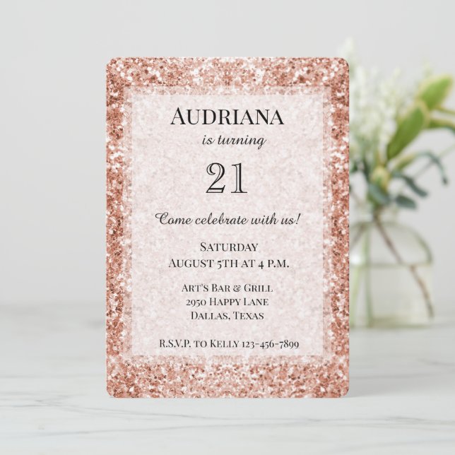 Glitzy Rose Gold Glitter Birthday Invitation (Standing Front)