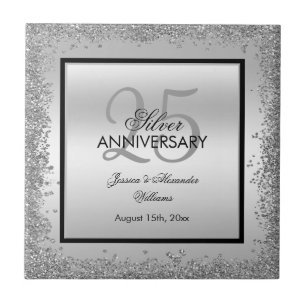 Glitzy Silver & Black 25th Wedding Anniversary Ceramic Tile