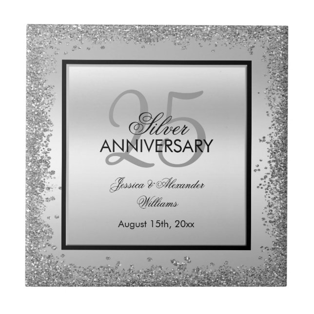 Glitzy Silver & Black 25th Wedding Anniversary   Ceramic Tile (Front)
