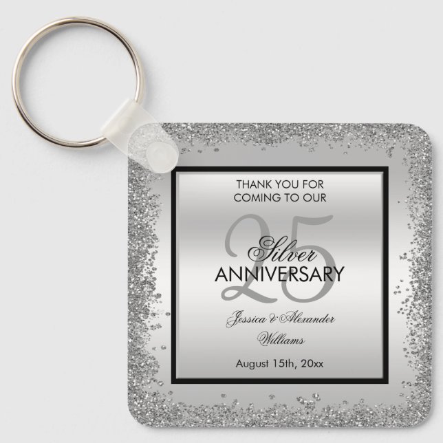 Glitzy Silver & Black 25th Wedding Anniversary     Key Ring (Front)