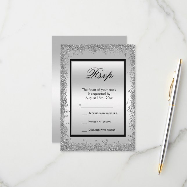 Glitzy Silver & Black 25th Wedding Anniversary RSVP Card (Front/Back In Situ)