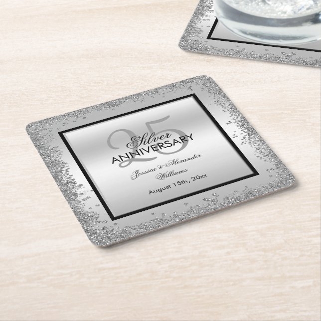 Glitzy Silver & Black 25th Wedding Anniversary Square Paper Coaster (Angled)