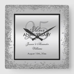 Glitzy Silver & Black 25th Wedding Anniversary Square Wall Clock