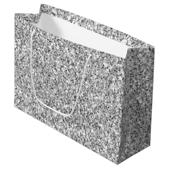 Glitzy Silver Faux Glitter Large Gift Bag (Front Angled)