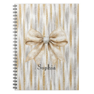 Glitzy Silver Gold Stripes Cream Bow Notebook