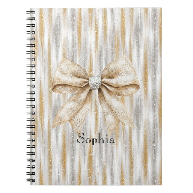 Glitzy Silver Gold Stripes Cream Bow Notebook (Front)