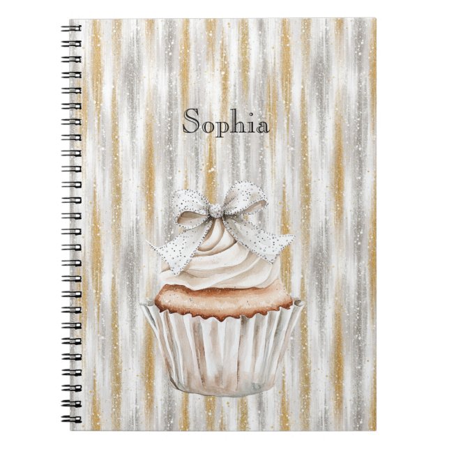 Glitzy Silver Gold Stripes White Cupcake Bow   Notebook (Front)