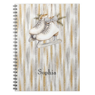 Glitzy Silver Gold Stripes White Ice Skate Notebook