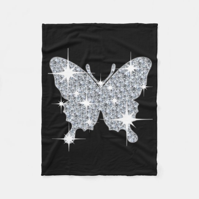 Glitzy silver sparkle diamond  butterfly fleece blanket (Front)