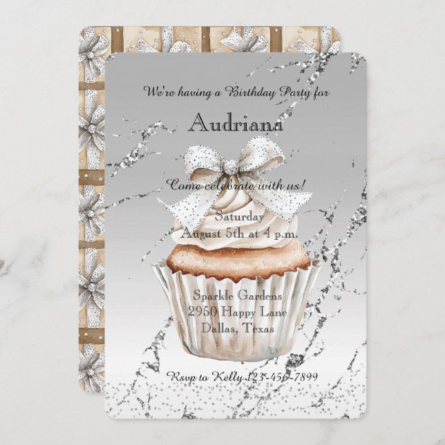 Glitzy Silver White Cupcake Bow Birthday Invitation (Front/Back)