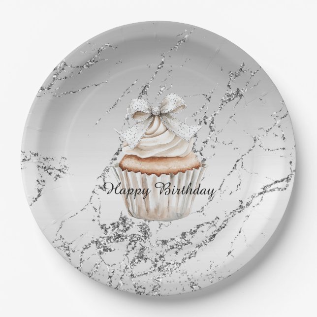 Glitzy Silver White Cupcake Bow Birthday Paper Plate (Front)