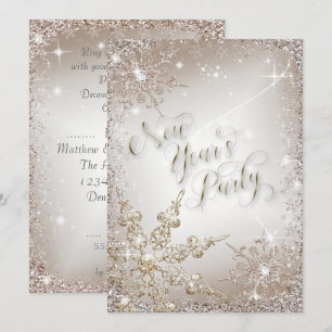 Glitzy Snowflakes Gold New Year's Eve Party Invitation