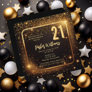 Glitzy Sparkles Stars Gold 21st Birthday Party Invitation