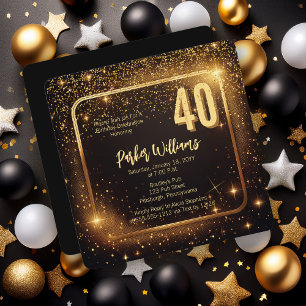 Glitzy Sparkles Stars Gold 40th Birthday Party Invitation