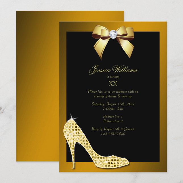 Glitzy Sparkly Stiletto, Gold Bow Birthday Party Invitation (Front/Back)