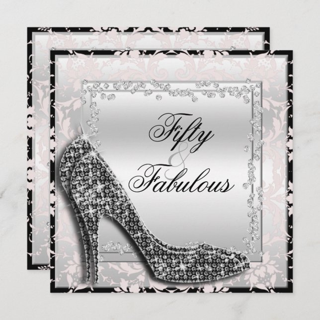 Glitzy Stilettos, Diamonds & Damask Fabulous 50 Invitation (Front/Back)