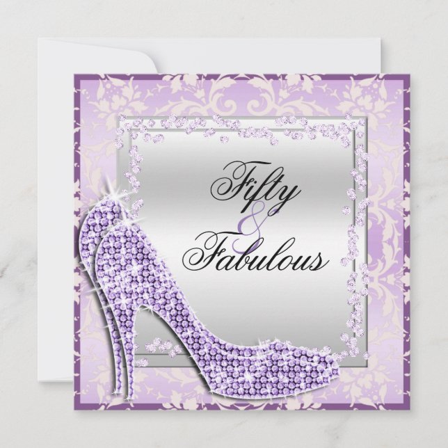 Glitzy Stilettos, Diamonds & Damask Fabulous 50 Invitation (Front)
