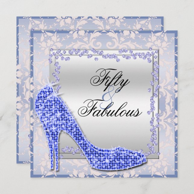 Glitzy Stilettos, Diamonds & Damask Fabulous 50 Invitation (Front/Back)