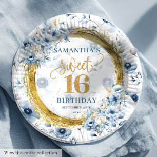 Glitzy Sweet Sixteen Dusty Blue Gold Party Plates