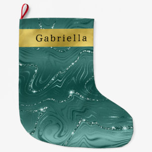 Glitzy Teal Green Gold Glitter Large Christmas Stocking