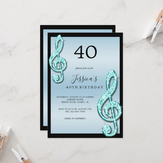 Glitzy Teal Music Notes Birthday Invitation (Front/Back In Situ)