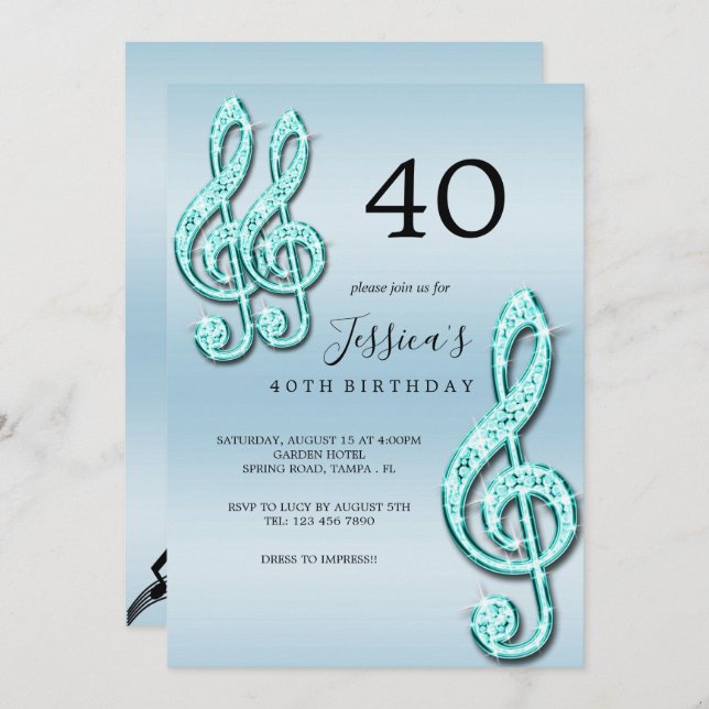 Glitzy Teal Music Notes Birthday Invitation (Front/Back)
