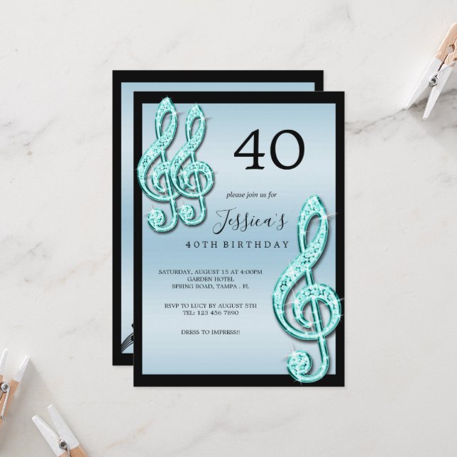Glitzy Teal Music Notes Birthday Invitation (Front/Back In Situ)