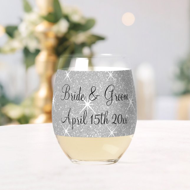 Glitzy wedding party sparkly silver glitter custom stemless wine glass (Insitu (Wedding))