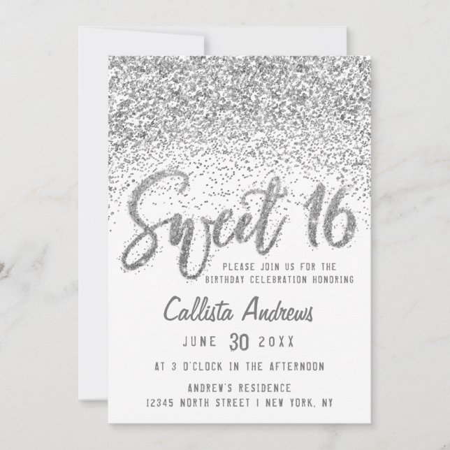 Glitzy White Silver Scattered Glitter Sweet 16 Invitation (Front)