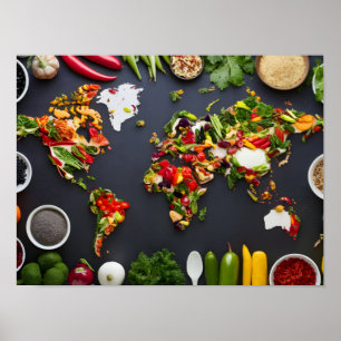 Global Cuisines Map: Top View of World Map Poster