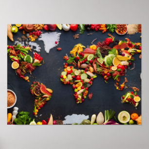 Global Cuisines Map: Top View of World Map Poster