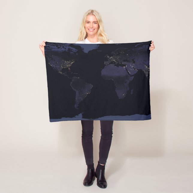 Global Map Earth's City Lights At Night. Fleece Blanket (In Situ)