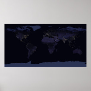 Global Map Earth's City Lights At Night. Poster
