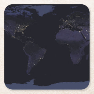 Global Map Earth's City Lights At Night. Square Paper Coaster
