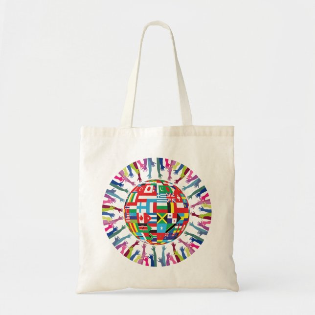 GLOBAL PEACE World Flags Raised Hands Tote Bag (Front)
