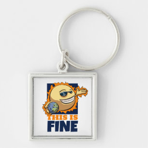Global Warming This Is Fine Climate Change Cartoon Key Ring