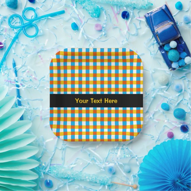 Globe Check Text square Paper Plate (Party)