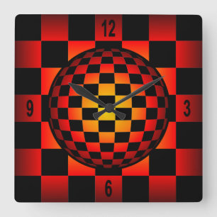 Globe Chess ~ Chequerboard ~ Black & Fire Colour ~ Square Wall Clock