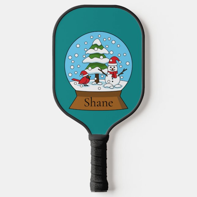 Globe w Cardinal Snowman & Pine Tree | Personalise Pickleball Paddle (Front)