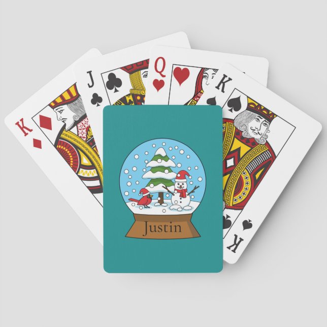 Globe w Cardinal Snowman & Pine Tree | Personalise Playing Cards (Back)