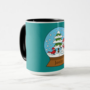 Globe w Cardinal Snowman & Pine Tree   Personalize Mug