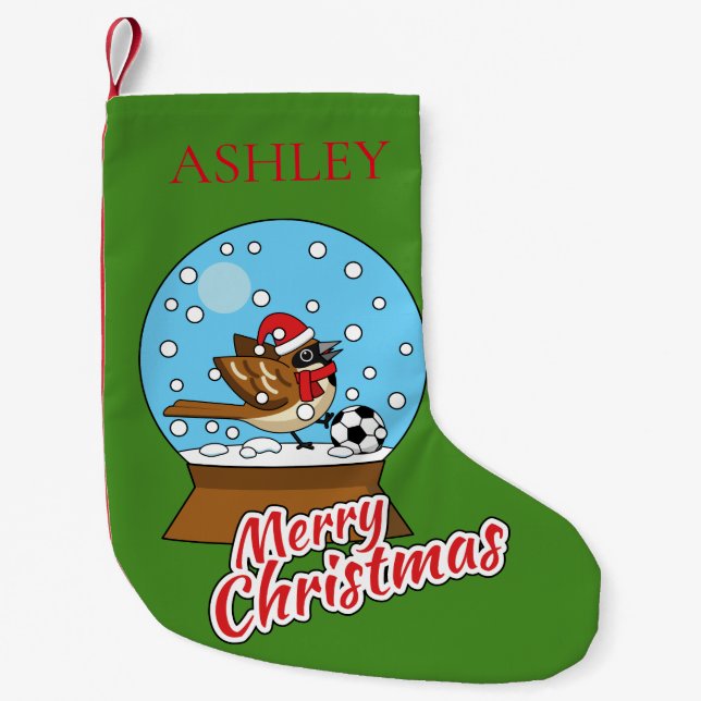 Globe w Cute Sparrow Playing Soccer | Personalise Small Christmas Stocking (Front)